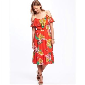 Old Navy Orange Tropical Tiered Midi Dress